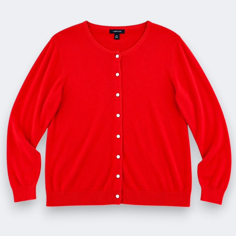 Lands End Womens Supima Cotton Cardigan Sweater 2X Red Plus Size Classic Preppy
